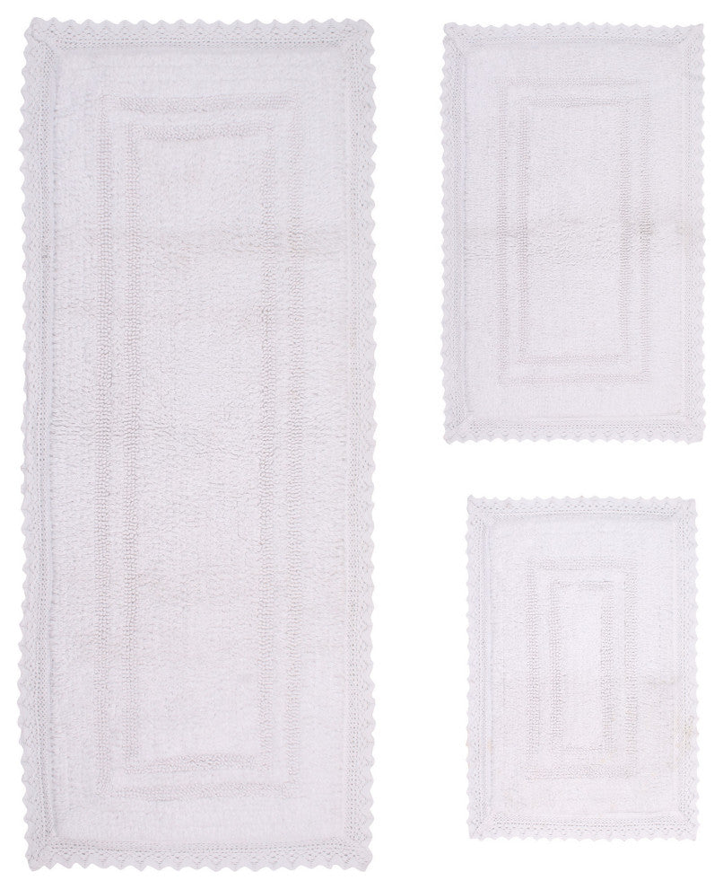 Opulent Reversible 100% Cotton Bath Rug Set, 3 Pcs Set with Runner, White