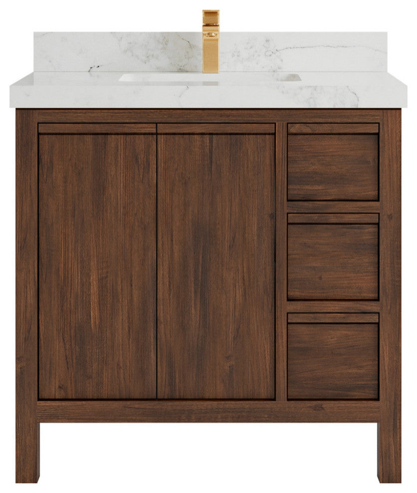 Elizabeth 36 Center Sink Bath Vanity in Dark Walnut Teak 2" Calacatta Nuvo