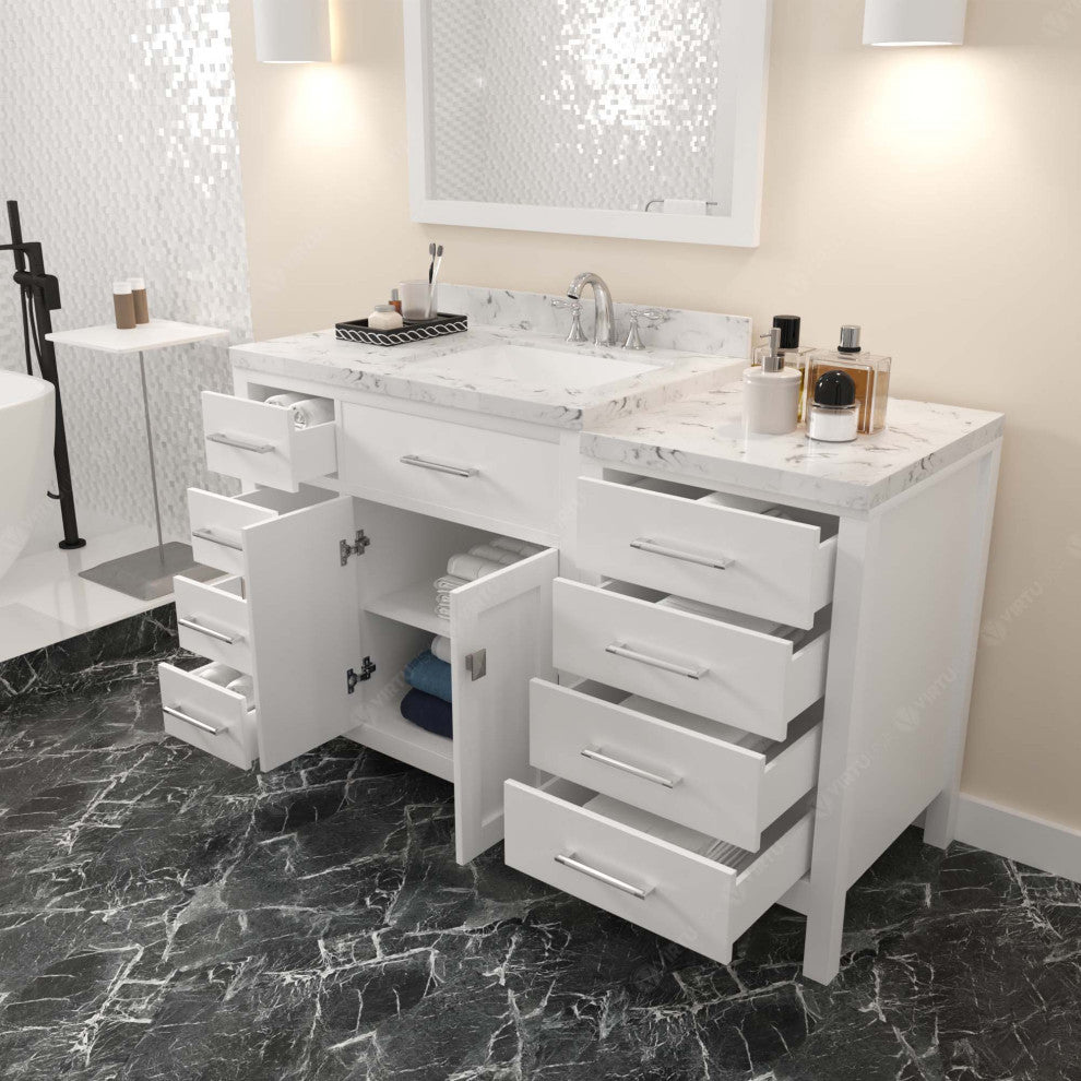 Caroline Parkway 57" Bath Vanity, White With Marble Quartz Top