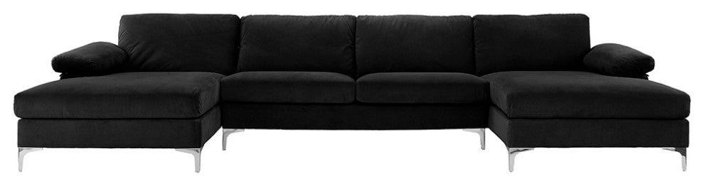 Large Velvet Fabric U-Shape Sectional Sofa, Black