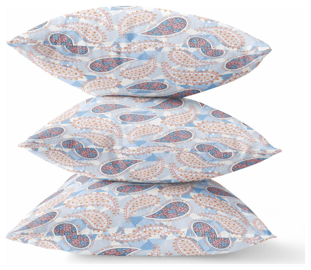 20" Blue Pink Boho Paisley Indoor Outdoor Throw Pillow