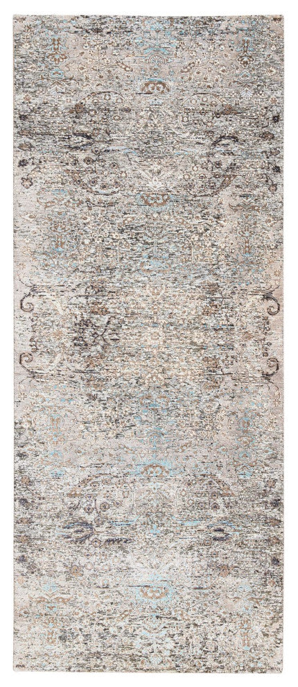 Gray, Modern Persian, Silk With Wool Hand Knotted Wide Runner Rug, 4'0"x10'0"