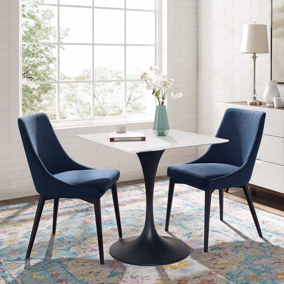 Modern Designer Kitchen Room Square Dining Table, Wood Metal Steel, Black White