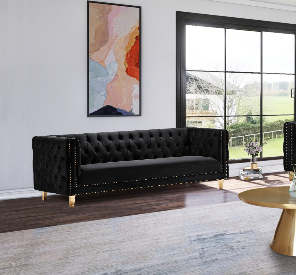 Michelle Fabric Upholstered Chair, Gold Iron Legs, Black, Velvet, Sofa