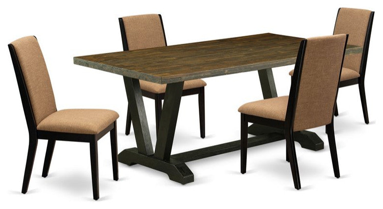 V677La147-5, 5-Piece Dining Set Table and 4 Padded Chairs, Wire Brushed Black