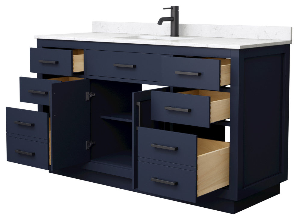 Beckett TK 60" Dark Blue Single Vanity, Cultured Top, Black Trim