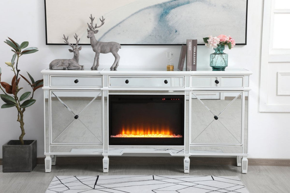 Elegant Decor MF61072AW-F2 Mirrored Credenza With Crystal Fireplace