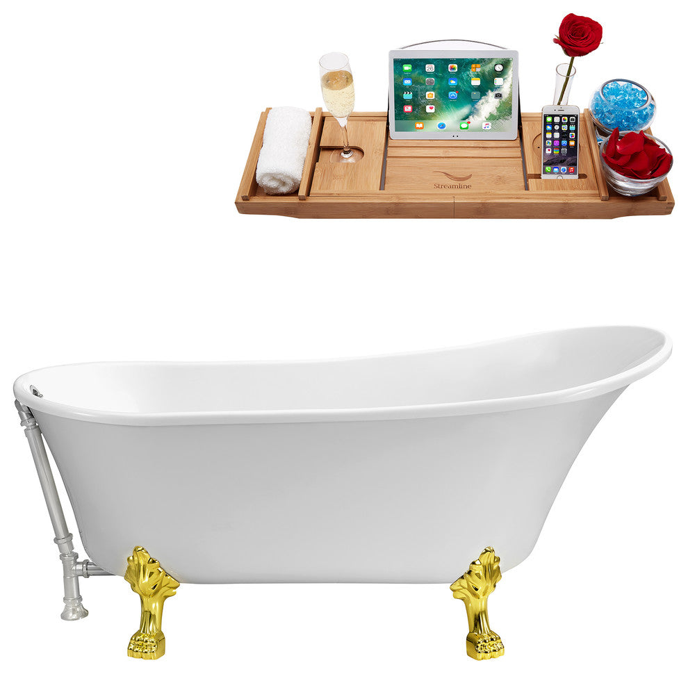 59" Soaking Clawfoot Tub With External Drain, Gold/Chrome