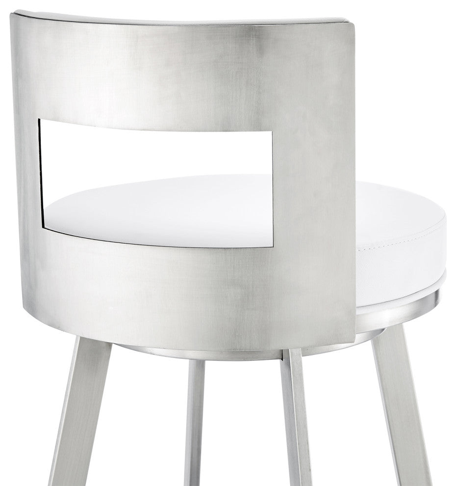Lynof Swivel Bar Stool With Faux Leather, White, Brushed Stainless Steel