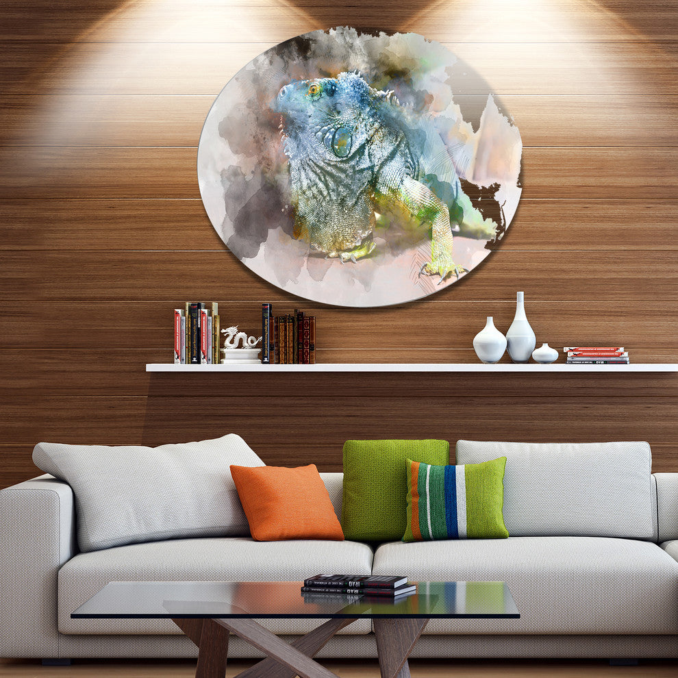 Green Iguana Close-Up Painting, Abstract Large Disc Metal Wall Art, 23"