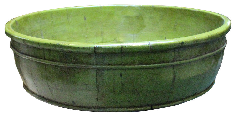 Chinese Vintage Distressed Green Graphic Round Shape Wood Bucket Hcs5092