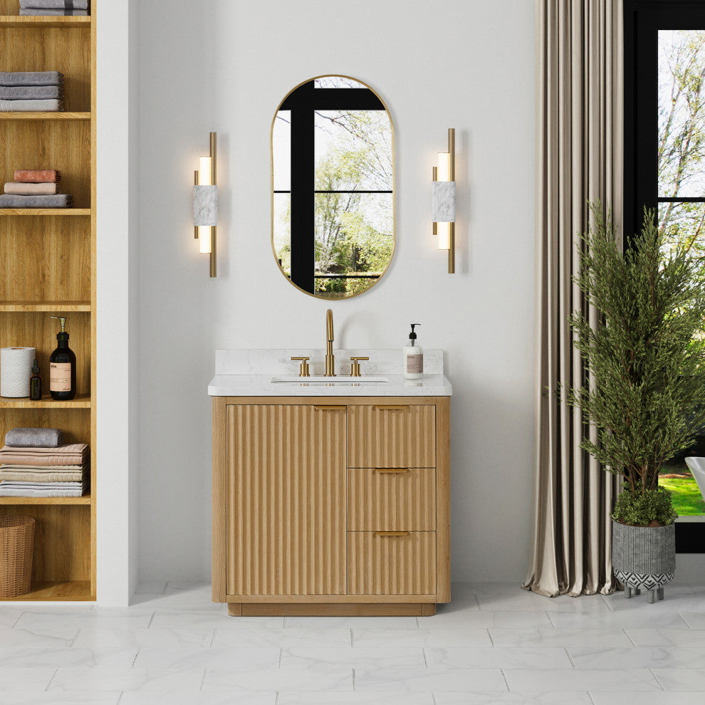 Vinnova Cadiz Bath Vanity, Composite Stone Top, Washed Ash Grey, 36", With Mirror