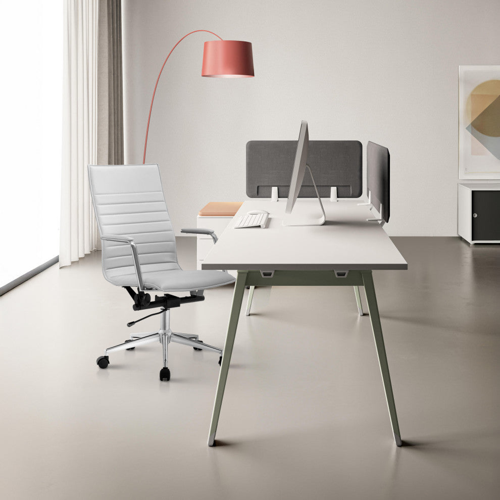 High Back Office Desk Chair, Ribbed PU Leather Computer Armchair, White