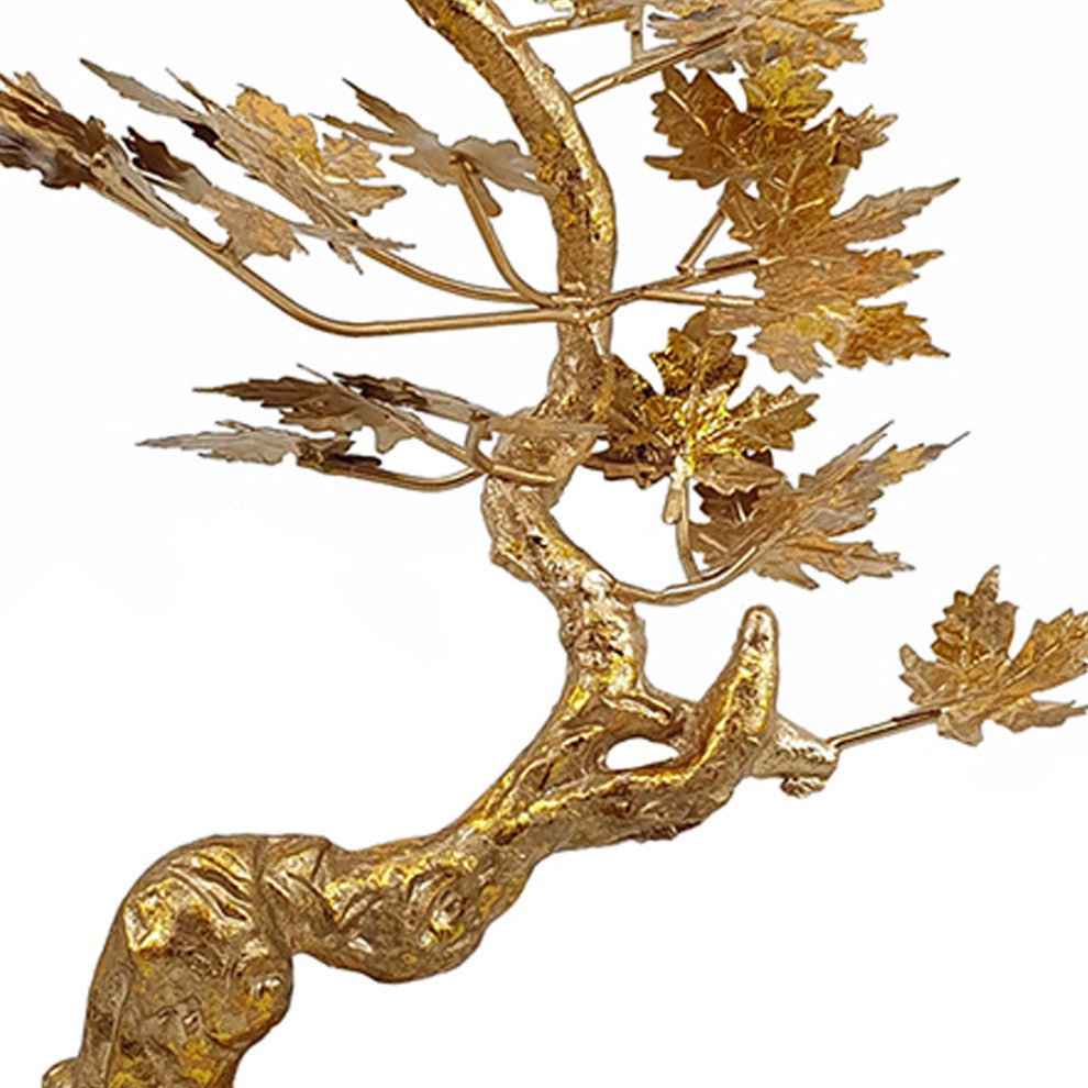 Benzara BM285580 17" Maple Tree Accent Decor With Leaves, Marble Base, Gold