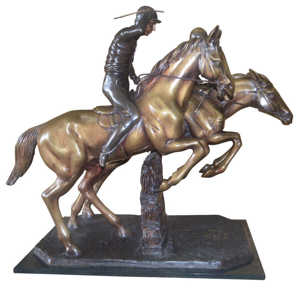 Two Horse Riders Racing Each Other Bronze Statue -  Size: 45"L x 21"W x 42"H.