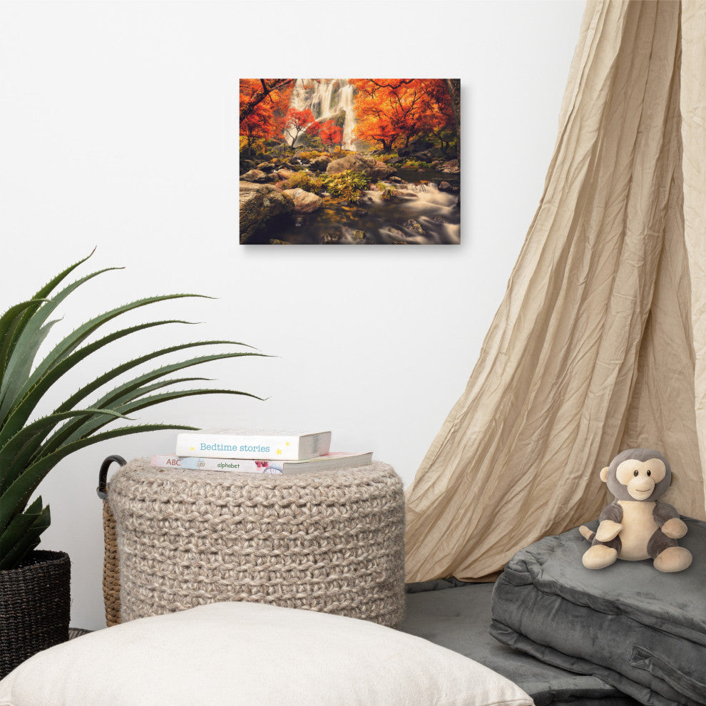 Waterfall in the Autumn Golden Shadow Effect Landscape Photo Canvas Art Print, 12" X 16"