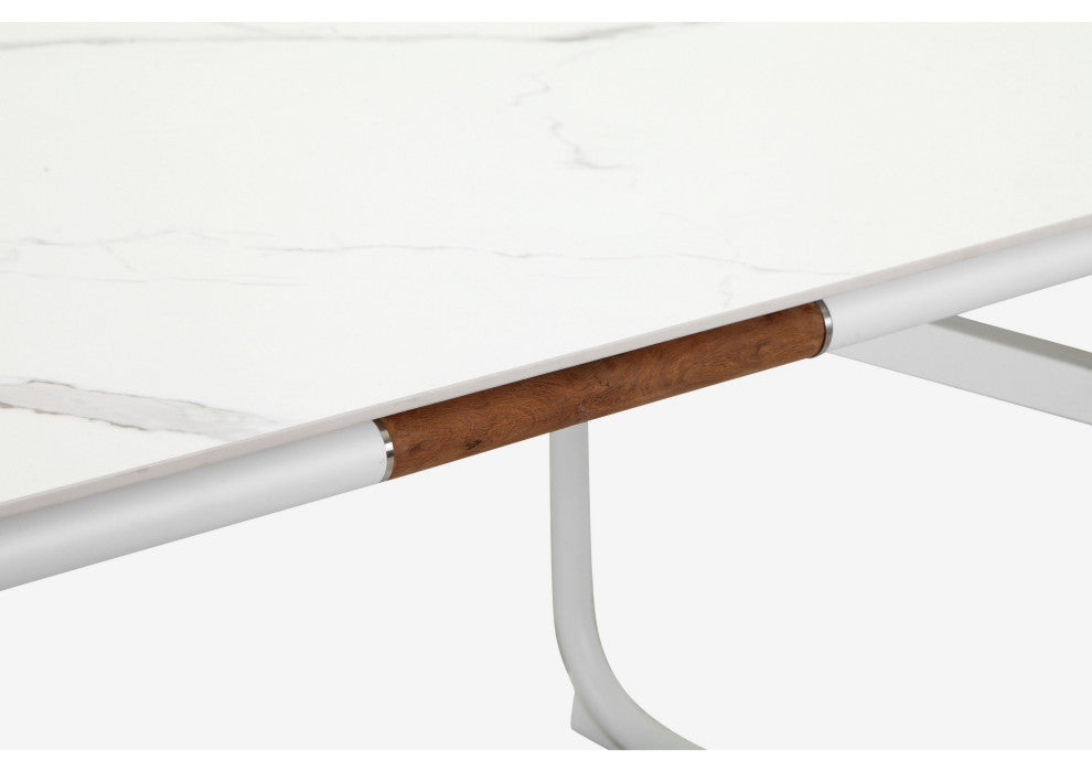 Benzara BM287767 Dining Table Ceramic Surface Crisp White Aluminum Frame