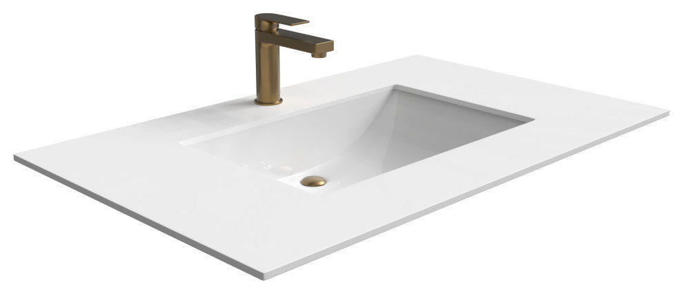 Monica 36" Porcelain Vanity Top With Overflow, Faux White Marble, Center