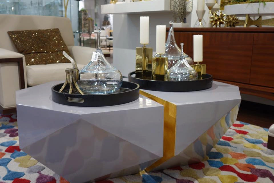 Luxe Ivory White and Gold Broken Gem Faceted Coffee Table 2 Piece Set Oval