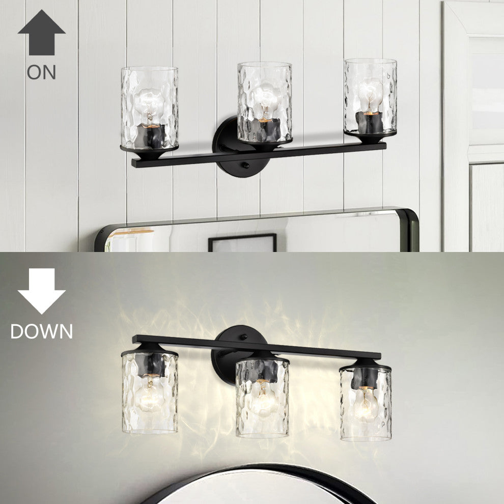 3-Light 21 in. Matte Black Vanity Light With Hammered Clear Glass Shades