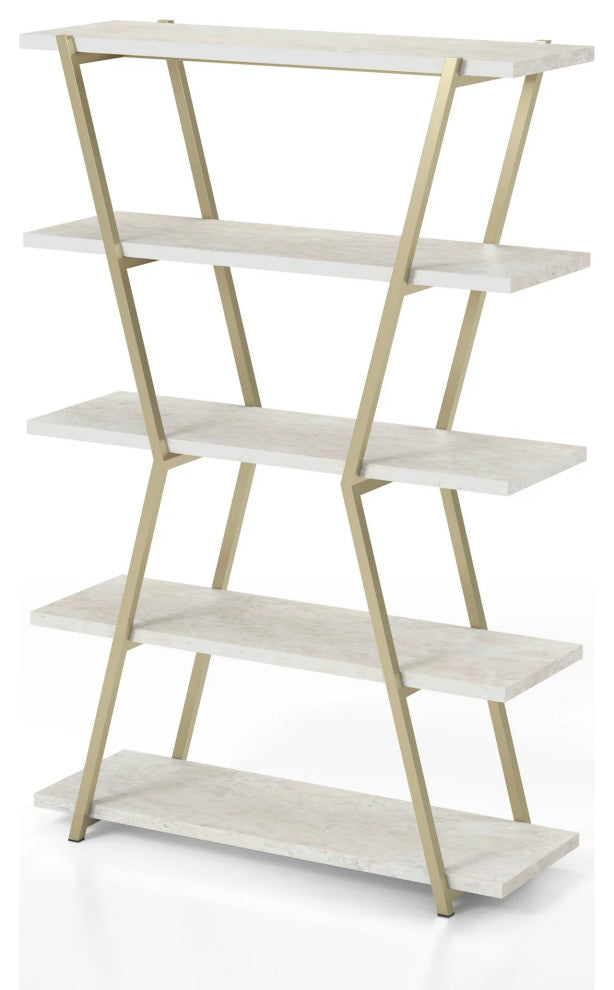 Bookcase, Unique Design With Metal Frame & Open Shelves, Champagne/ White Washed
