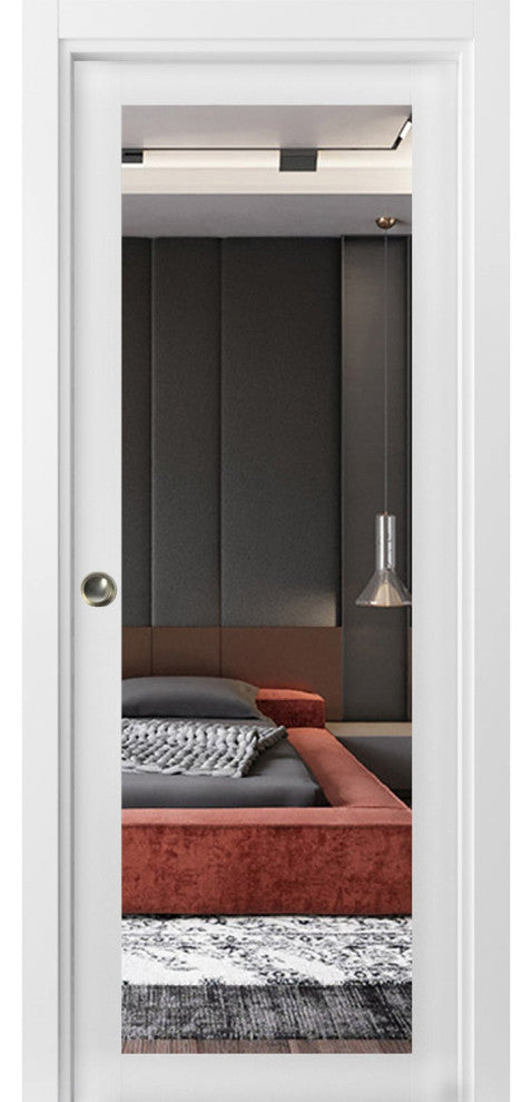 Sliding Pocket Door 30 x 96, Lucia 1299 White & Mirror, Rails