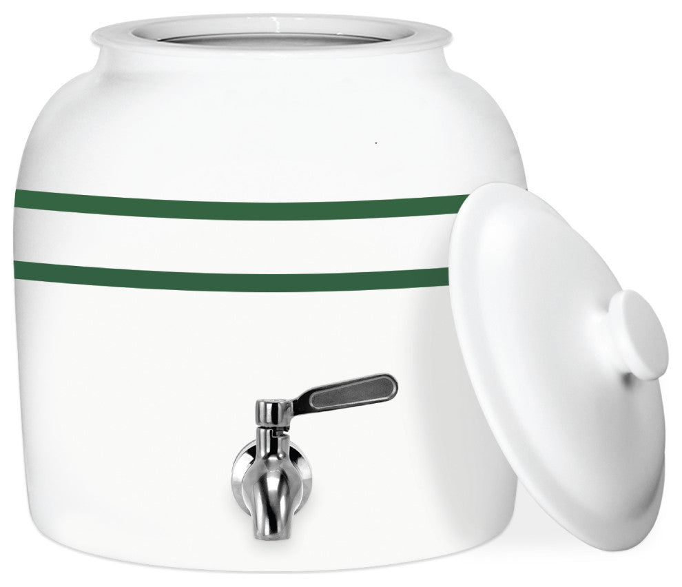 Green Stripe Porcelain Ceramic Water Dispenser Crock With Faucet, Lead Free