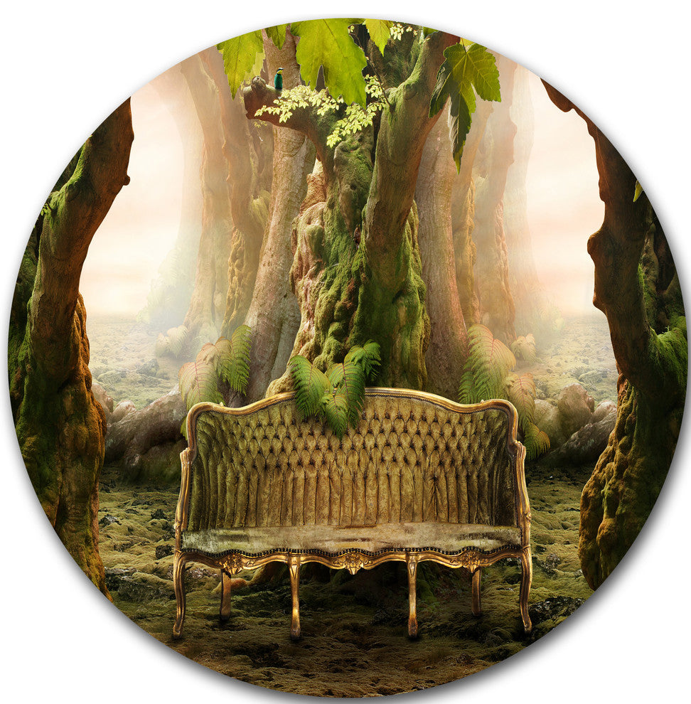 Romantic Seat In Deep Forest, Landscape Photo Round Wall Art, 11"