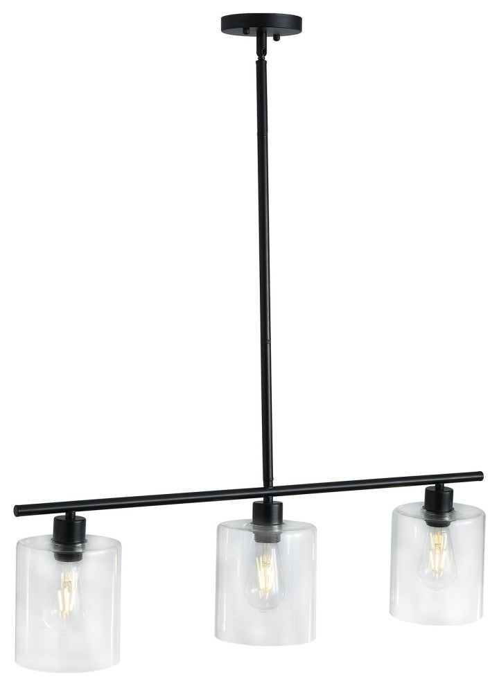 3-Light Kitchen Island Light Black Wrought Iron Linear Chandelier, Black