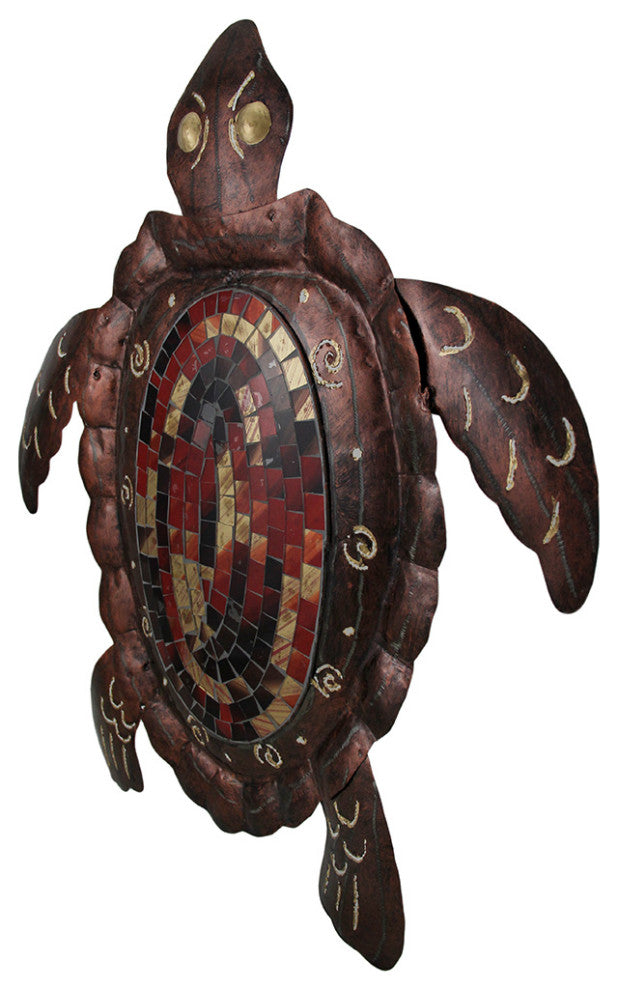 Large Mosaic Shell Brown Sea Turtle Sculpture Metal Wall Hanging 20 Inch