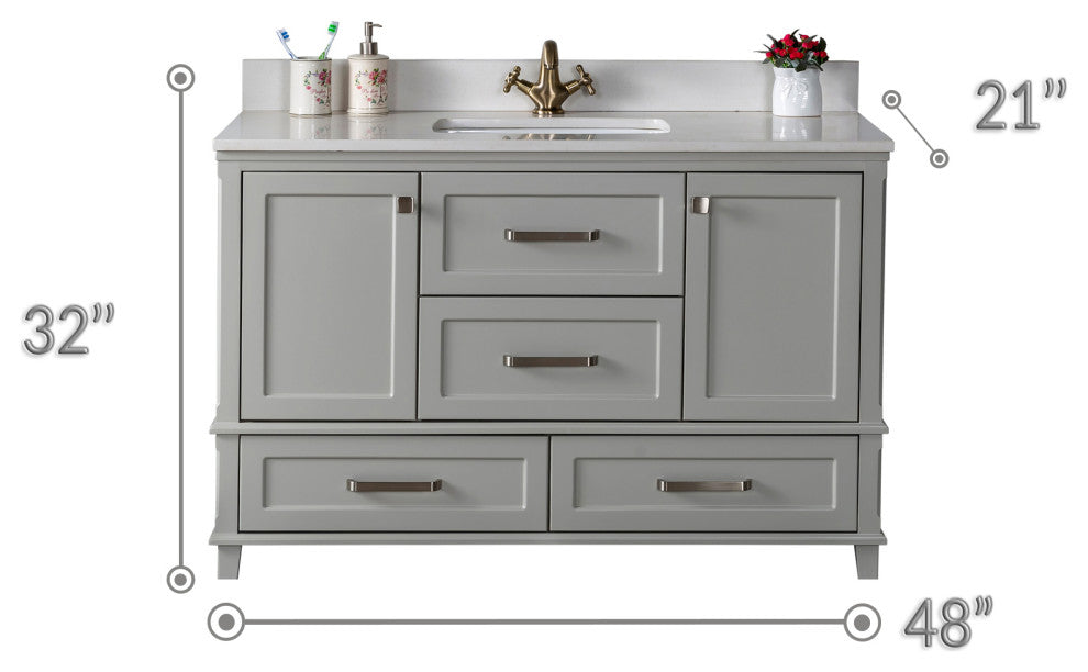 Nera Collection 48" Bath Vanity Quartz Top and Ceramic Sink, Grey, 48"