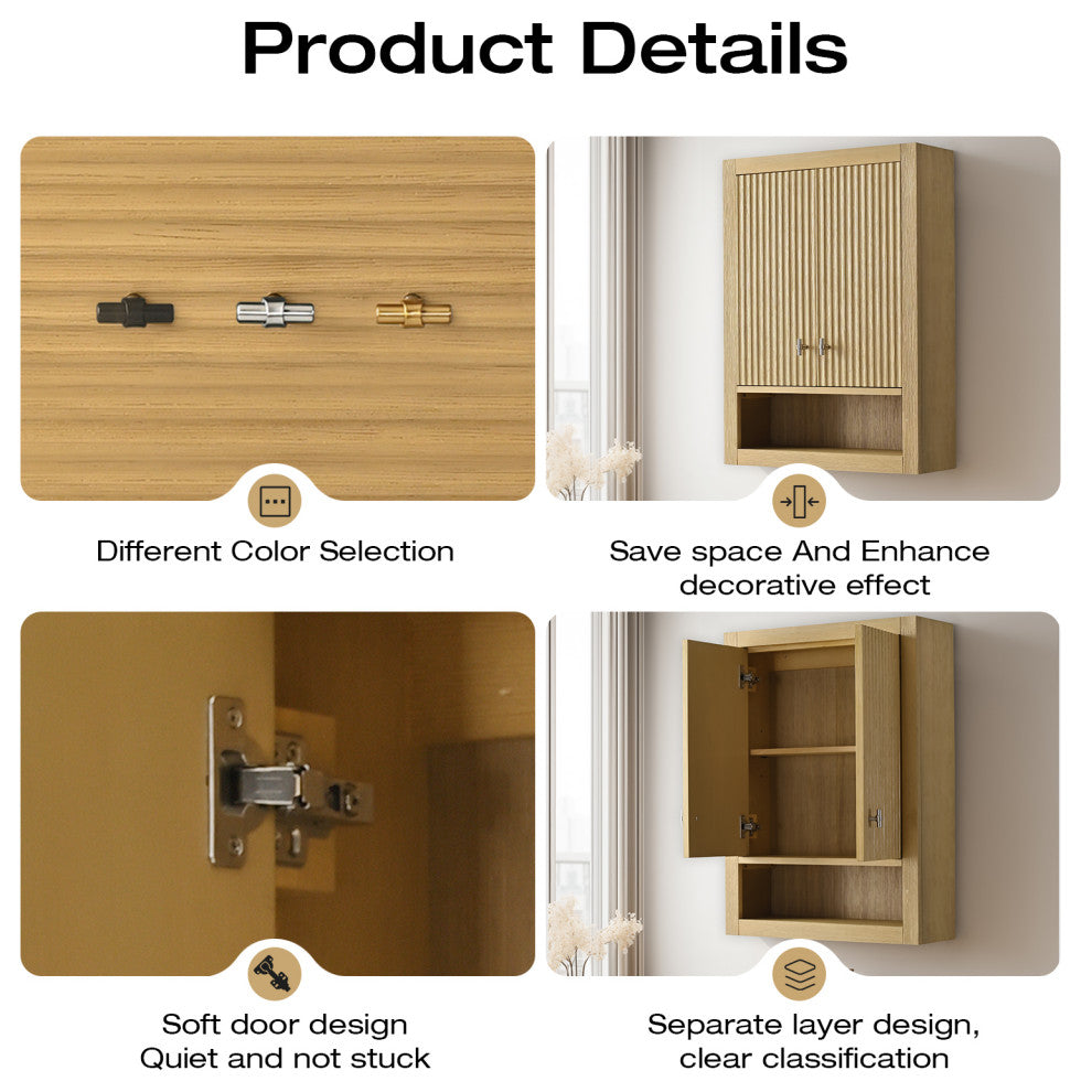 Vanity Art 24" Wall Mounted Bathroom Storage Cabinet, Linear Natural Oak, Matte Black Handle