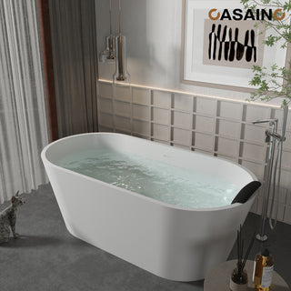 59in White Solid Surface Freestanding Soaking Bathtub with Drain, 59in