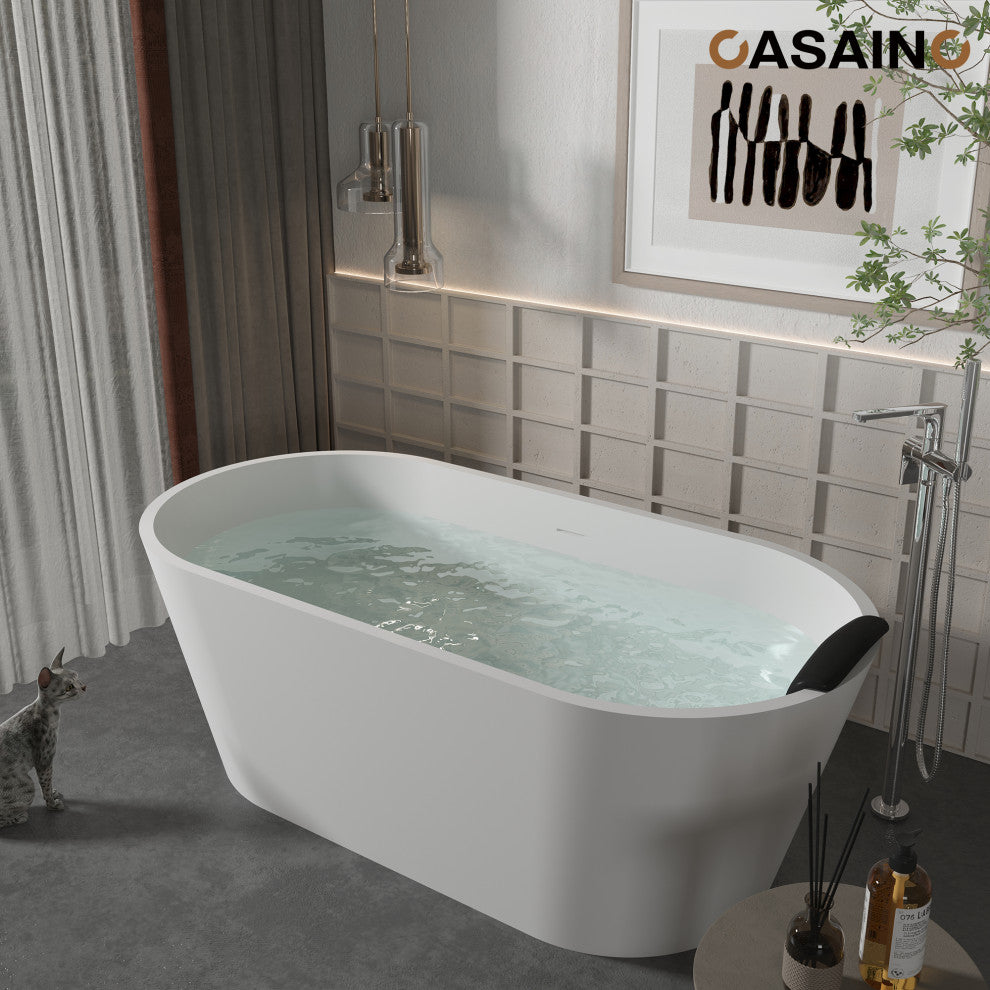 59in White Solid Surface Freestanding Soaking Bathtub with Drain, 59in
