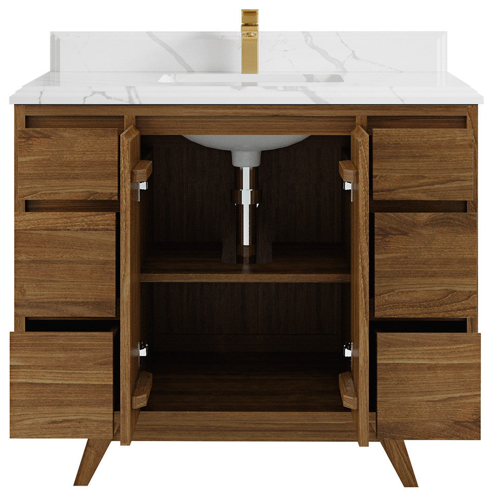 Madison Teak 42 Single Sink Bath Vanity in Dark Natural 1.5" Calacatta Laza