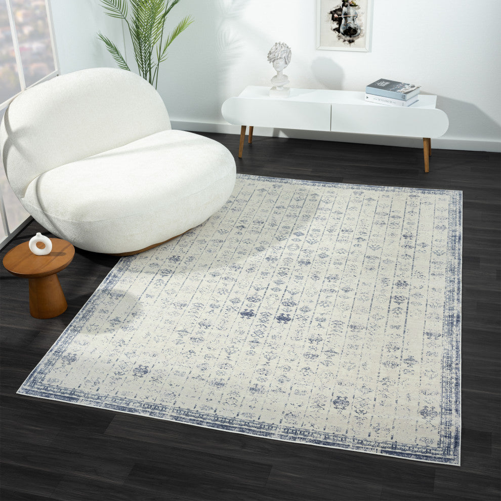 Ayla Blue/Gray Transitional Tribal Waterproof Area Rug, 2' X 5'