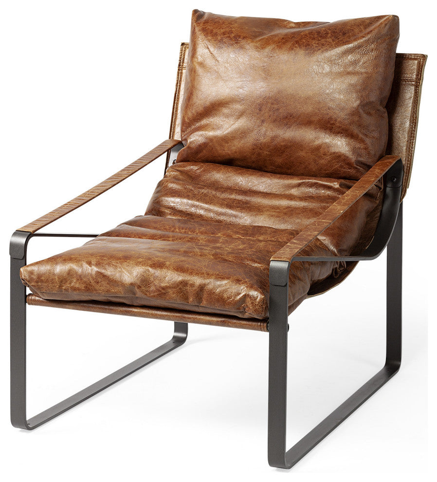 35" Brown and Black Leather Distressed Lounge Chair