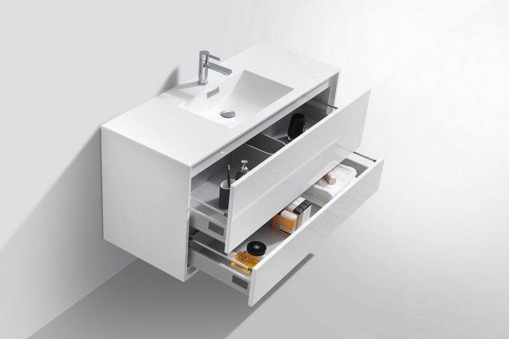 DeLusso 48" Single Sink Wall Mount Bathroom Vanity, Nature Wood, High Gloss Whit