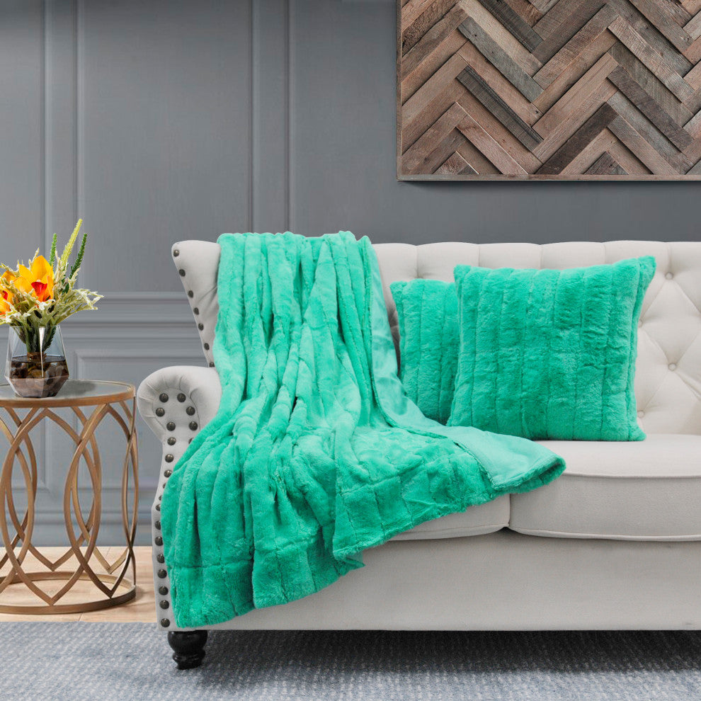 Rabbit Faux Fur Throw Blanket With 2 Pillows, Arcadia