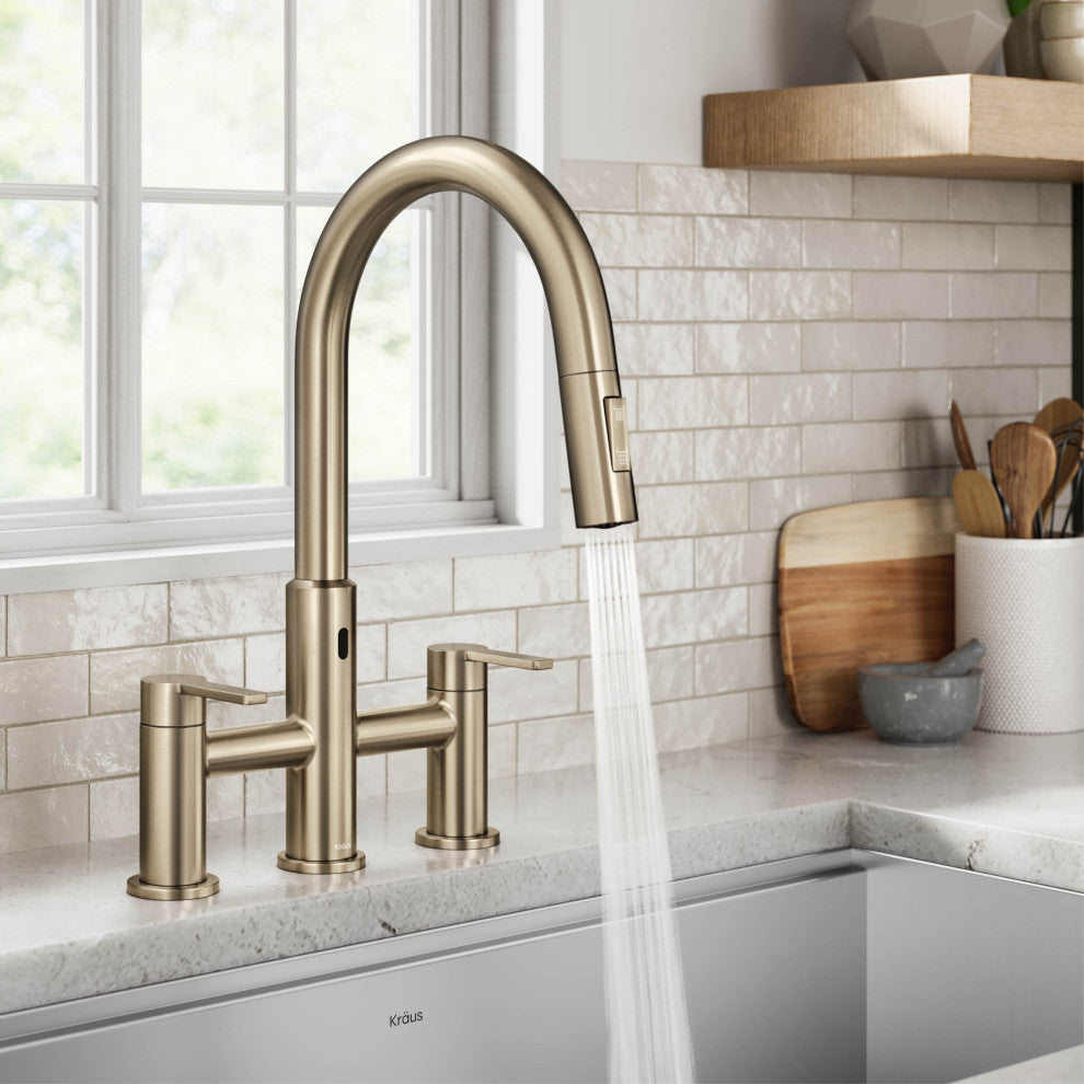 KRAUS Oletto Touchless Sensor Bridge Kitchen Faucet w Pulldown Sprayhead SFACB