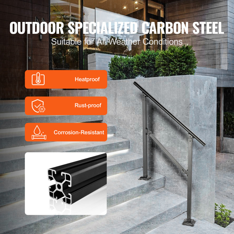 VEVOR Stair Handrail Railing 3 ft 3 Steps w/ Installation Kit Carbon Steel Black
