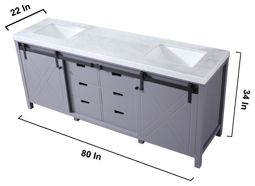 Marsyas 80" Dark Gray Double Vanity Carrara Marble Top Sinks, 30" Wall Mirrors