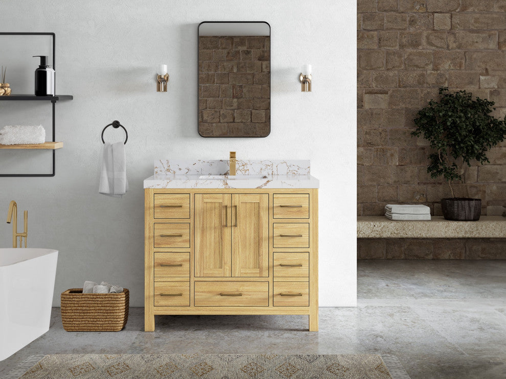 Malibu Teak 42" Single Sink Bath Vanity in Light Natural  2" Viola Gold