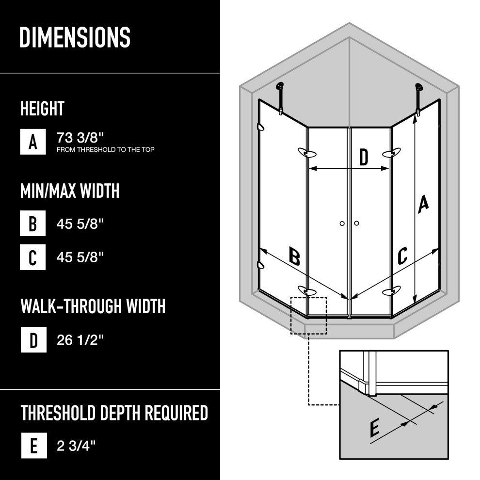 VIGO Gemini Frameless Hinged Neo-Angle Shower Enclosure, Chrome, 48" D X 47" W, High Base