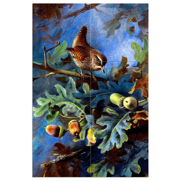 Tile Mural WREN oak acorns branches Kitchen Backsplash Four Inch Marble