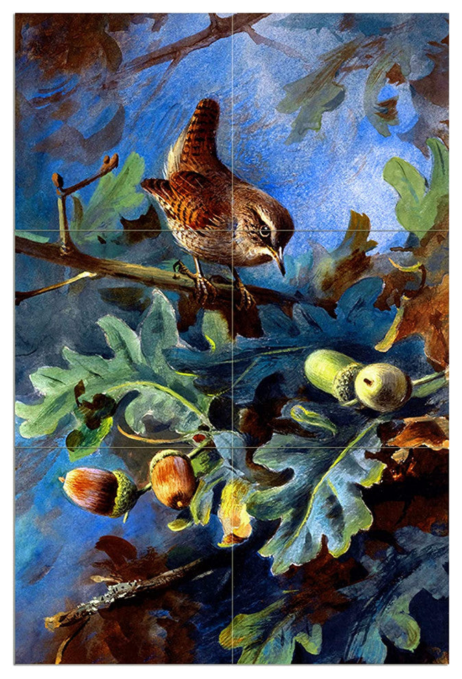 Tile Mural WREN oak acorns branches Kitchen Backsplash Four Inch Marble