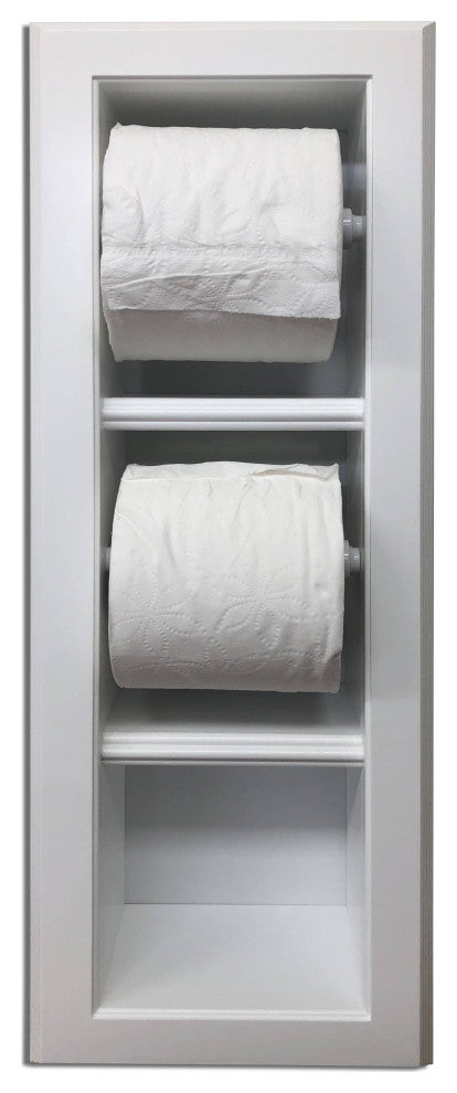 Hyacinth Wood Recessed Double Toilet Paper Holder With Storage 7x22.25, White Enamel