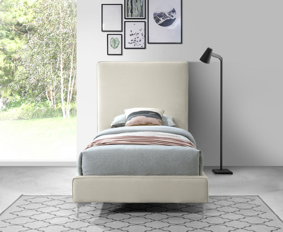 Geri Velvet Upholstered Bed, Cream, Twin
