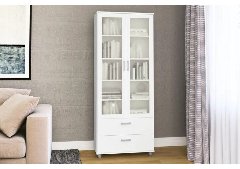 Modern Bookcase, 2 Lower Drawers & Glass Panel Doors With Inner Shelves, White