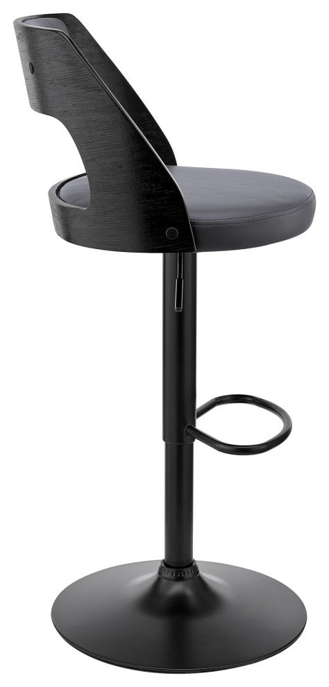 Gray Upholstered Black Base Adjustable Swivel Bar Stool